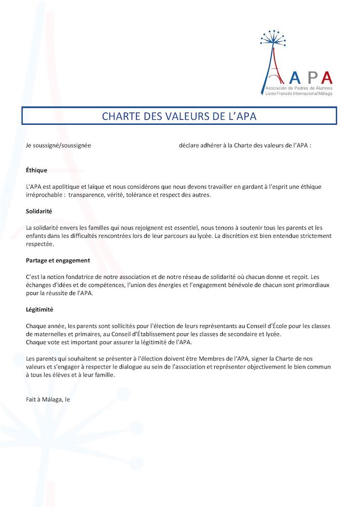 Charte des valeurs de l'APA